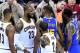 CLEVELAND, OH - JUNE 09: LeBron James #23 of the Cleveland Cavaliers and Kevin Durant #35 of the Golden State Warriors speak after a foul in the third quarter in Game 4 of the 2017 NBA Finals at Quicken Loans Arena on June 9, 2017 in Cleveland, Ohio. NOT
