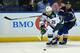 ST. LOUIS, MO - APRIL 19: Jonas Brodin #25 of the Minnesota Wild fights off Jaden Schwartz #17 of the St. Louis Blues for control of the puck in Game Four of the Western Conference First Round during the 2017 NHL Stanley Cup Playoffs at the Scottrade Cen