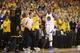 OAKLAND, CA - JUNE 12: LeBron James #23 of the Cleveland Cavaliers reacts as Kevin Durant #35 of the Golden State Warriors celebrates late in Game 5 of the 2017 NBA Finals at ORACLE Arena on June 12, 2017 in Oakland, California. NOTE TO USER: User express