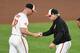 BALTIMORE, MD - APRIL 26: Manager Buck Showalter #26 of the Baltimore Orioles takes out Dylan Bundy #37 of game during a baseball game against the Tampa Bay Rays at Oriole Park at Camden Yards on April 26, 2017 in Baltimore, Maryland. The Orioles won 5-