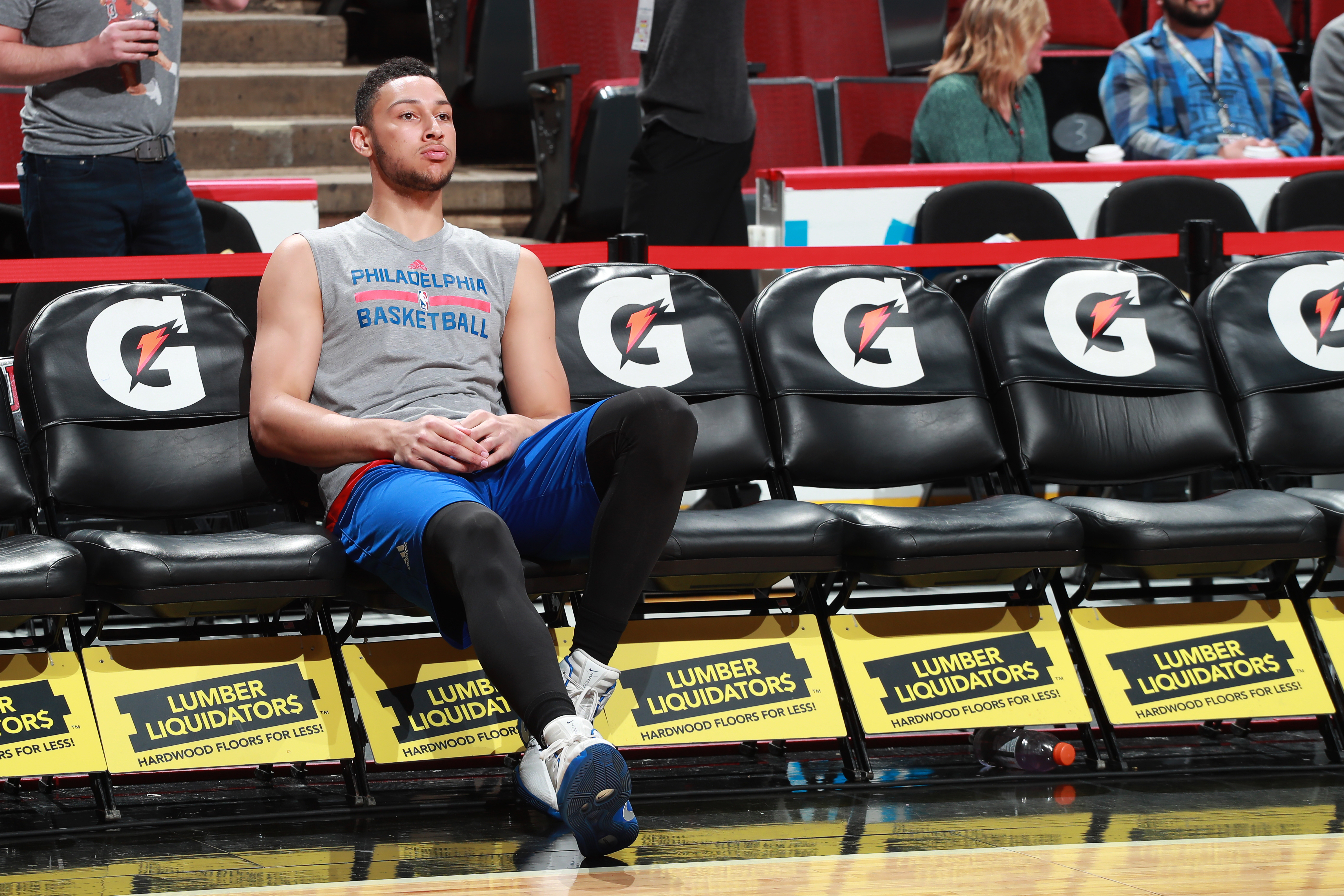 CHICAGO, IL - MARCH 24: Ben Simmons #25 of the Philadelphia 76ers looks on before the game against the Chicago Bulls on March 24, 2017 at the United Center in Chicago, Illinois. NOTE TO USER: User expressly acknowledges and agrees that, by downloading and