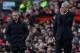 Manchester United's Portuguese manager Jose Mourinho (L) and Arsenal's French manager Arsene Wenger react as they watch their players from the touchline during the English Premier League football match between Manchester United and Arsenal at Old Trafford