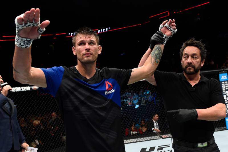 OKLAHOMA CITY, OK - JUNE 25: Tim Means celebrates after his unanimous-decision victory over Alex Garcia of the Dominican Republic in their welterweight bout during the UFC Fight Night event at the Chesapeake Energy Arena on June 25, 2017 in Oklahoma Cit