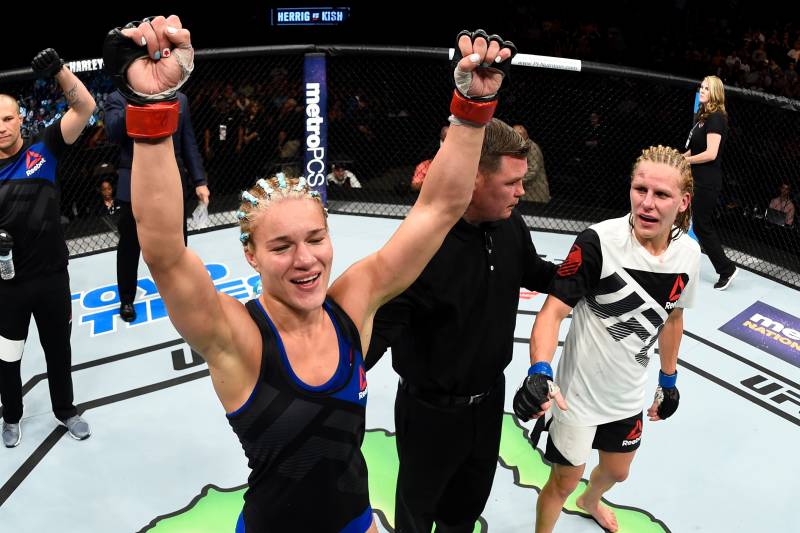 OKLAHOMA CITY, OK - JUNE 25: Felice Herrig celebrates after her unanimous-decision victory over Justine Kish in their women's strawweight bout during the UFC Fight Night event at the Chesapeake Energy Arena on June 25, 2017 in Oklahoma City, Oklahoma. (