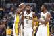 INDIANAPOLIS, IN - APRIL 23: Paul George #13 of the Indiana Pacers celebrates with Thaddeus Young #21 and Myles Turner #33 after scoring against the Cleveland Cavaliers in Game Four of the Eastern Conference Quarterfinals during the 2017 NBA Playoffs at B