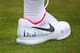 LONDON, ENGLAND - JUNE 30: London skyline on the shoe of Roger Federer of Switzerland during practice ahead of Wimbledon Lawn Tennis Championships at the All England Lawn Tennis and Croquet Club on June 30, 2017 in London, England. (Photo by Clive Bruns