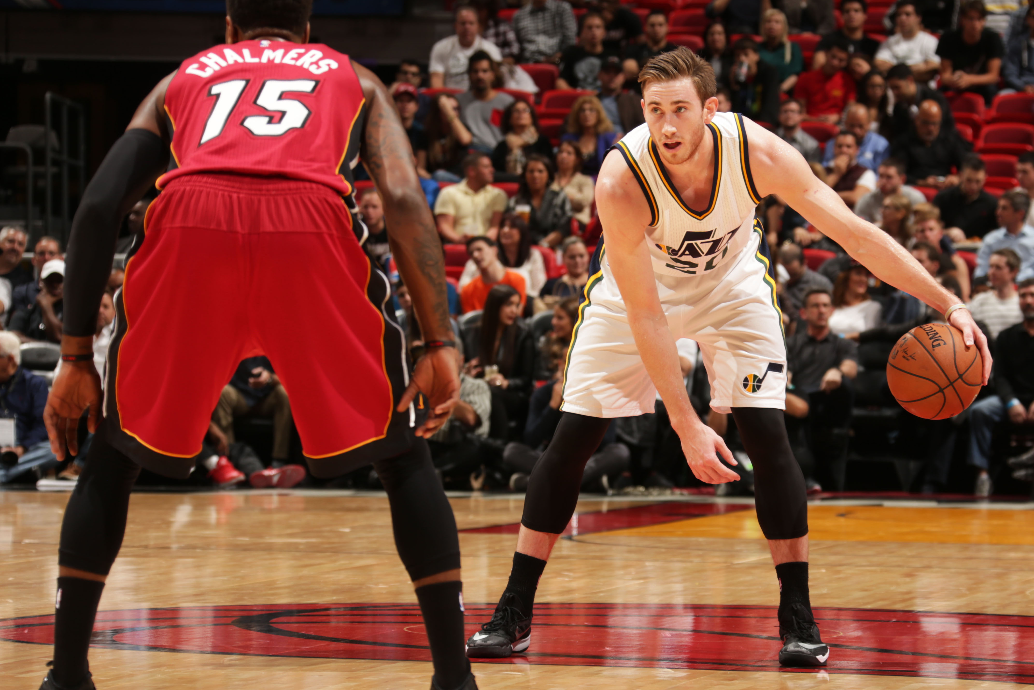 MIAMI, FL - December 17: Gordon Hayward #20 of the Utah Jazz handles the ball against the Miami Heat on December 17, 2014 at American Airlines Arena in Miami, Florida. NOTE TO USER: User expressly acknowledges and agrees that, by downloading and or using