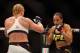 LAS VEGAS, NV - MARCH 05: (L-R) Valentina Shevchenko of Peru and Amanda Nunes of Brazil face off in their women's bantamweight bout during the UFC 196 event inside MGM Grand Garden Arena on March 5, 2016 in Las Vegas, Nevada. (Photo by Christian Petersen