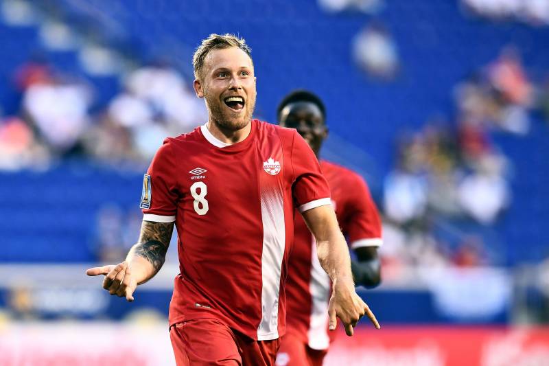 Canada's midfielder Scott Arfield celebrates after scoring a goal against French Guiana during their 2017 Concacaf Gold Cup Group A match at the Red Bull Arena in Harrison, New Jersey, on July 7, 2017.  / AFP PHOTO / Jewel SAMAD        (Photo credit shoul