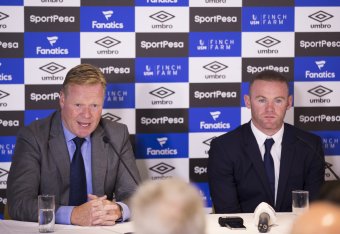 LIVERPOOL, ENGLAND - JULY 10: New Everton Signing Wayne Rooney at a press conference with his new Manager Ronald Koeman at Goodison Park on July 10, 2017 in Liverpool, England. (Photo by Mark Robinson/Getty Images)