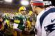 GREEN BAY, WI - NOVEMBER 30: Quarterbacks Aaron Rodgers #12 of the Green Bay Packers and Tom Brady #12 of the New England Patriots shake hands following the NFL game at Lambeau Field on November 30, 2014 in Green Bay, Wisconsin. The Packers defeated the