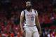 HOUSTON, TX - MAY 11: James Harden #13 of the Houston Rockets looks on against the San Antonio Spurs during Game Six of the NBA Western Conference Semi-Finals at Toyota Center on May 11, 2017 in Houston, Texas. NOTE TO USER: User expressly acknowledges