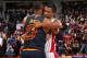 AUBURN HILLS, MI - MARCH 9: Kentavious Caldwell-Pope #5 of the Detroit Pistons shares a hug with LeBron James #23 of the Cleveland Cavaliers after the game on March 9, 2017 at The Palace of Auburn Hills in Auburn Hills, Michigan. NOTE TO USER: User expres