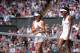 US player Venus Williams (R) reacts after winning against Britain's Johanna Konta during their women's singles semi-final match on the tenth day of the 2017 Wimbledon Championships at The All England Lawn Tennis Club in Wimbledon, southwest London, on Jul