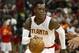 ATLANTA, GA - APRIL 28: Guard Dennis Schroder #17 of the Atlanta Hawks dribbles during Game Six of the Eastern Conference Quarterfinals against the Washington Wizards at Philips Arena on April 28, 2017 in Atlanta, Georgia. NOTE TO USER: User expressly ac