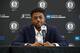 BROOKLYN, NY - JUNE 26: D'Angelo Russell #1 of the Brooklyn Nets speaks to the media during his introductory press conference on June 26, 2017 at HSS Training Center in Brooklyn, New York. NOTE TO USER: User expressly acknowledges and agrees that, by dow