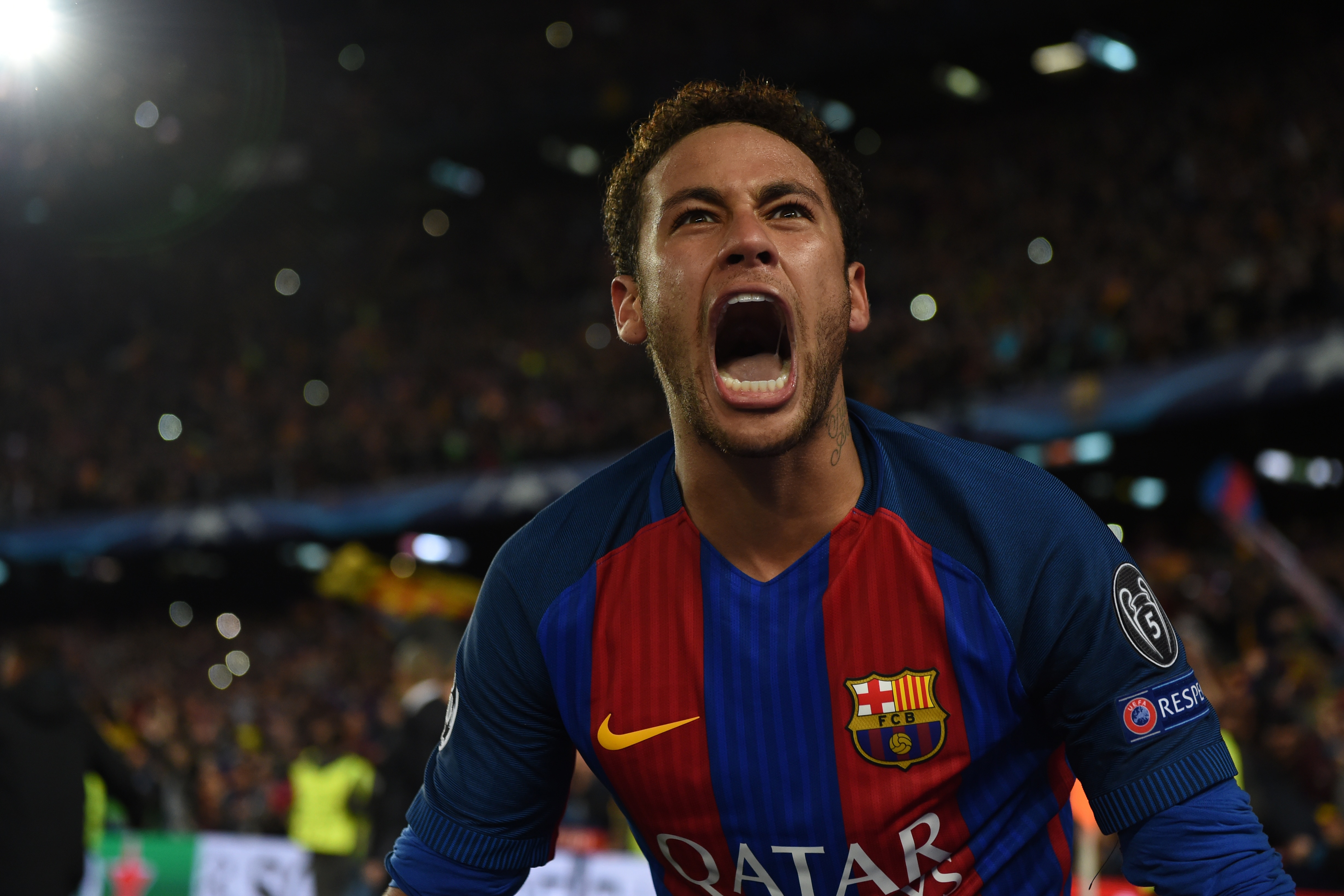 BARCELONA, SPAIN - MARCH 08: Neymar of Barcelona celebrates his side's sixth goal during the UEFA Champions League Round of 16 second leg match between FC Barcelona and Paris Saint-Germain at Camp Nou on March 8, 2017 in Barcelona, Spain. (Photo by Etsuo 