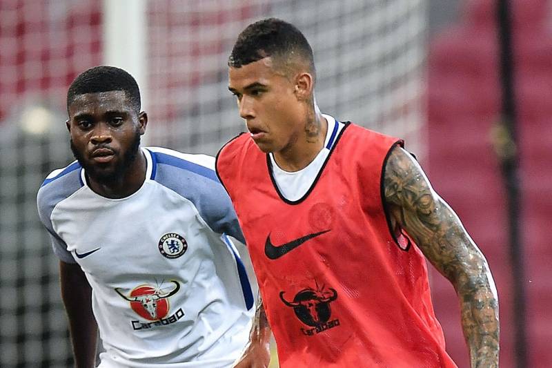 SINGAPORE - JULY 24: Kenedy of Chelsea  FC runs with the ball during a Chelsea FC International Champions Cup training session at National Stadium on July 24, 2017 in Singapore.  (Photo by Thananuwat Srirasant/Getty Images  for ICC)