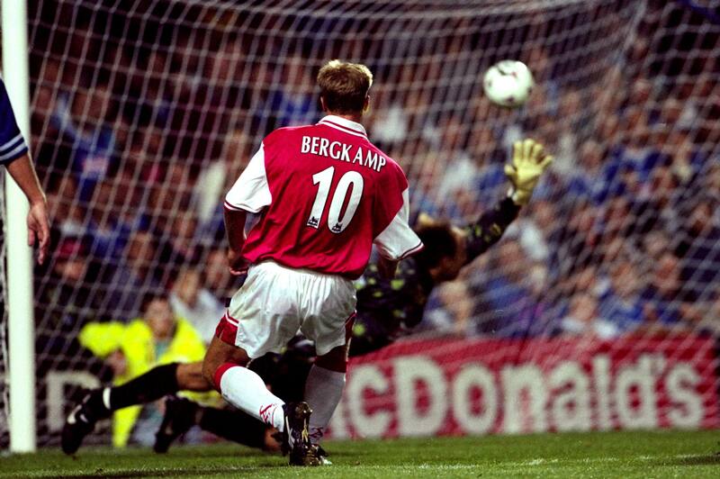 27 Aug 1997: Dennis Bergkamp of Arsenal beats Kasey Keller in the Leicester City goal to score the late equaliser in the FA Carling Premiership match at Filbert Street in Leicester, England. The game ended 3-3. \ Mandatory Credit: Mark Thompson /Allsport