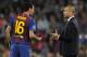 Barcelona's coach Josep Guardiola (R) talks with Barcelona's midfielder Sergio Busquets (L) during the Champions League football match between FC Barcelona and Viktoria Plzen at the Camp Nou stadium in Barcelona on October 19, 2011. AFP PHOTO/LLUIS GENE (
