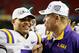 ATLANTA, GA - DECEMBER 03: Head coach Les Miles of the LSU Tigers congratulates Tyrann Mathieu #7 after Mathieu earned the MVP trophy in their 42-10 win over the Georgia Bulldogs during the 2011 SEC Championship Game at Georgia Dome on December 3, 2011 i