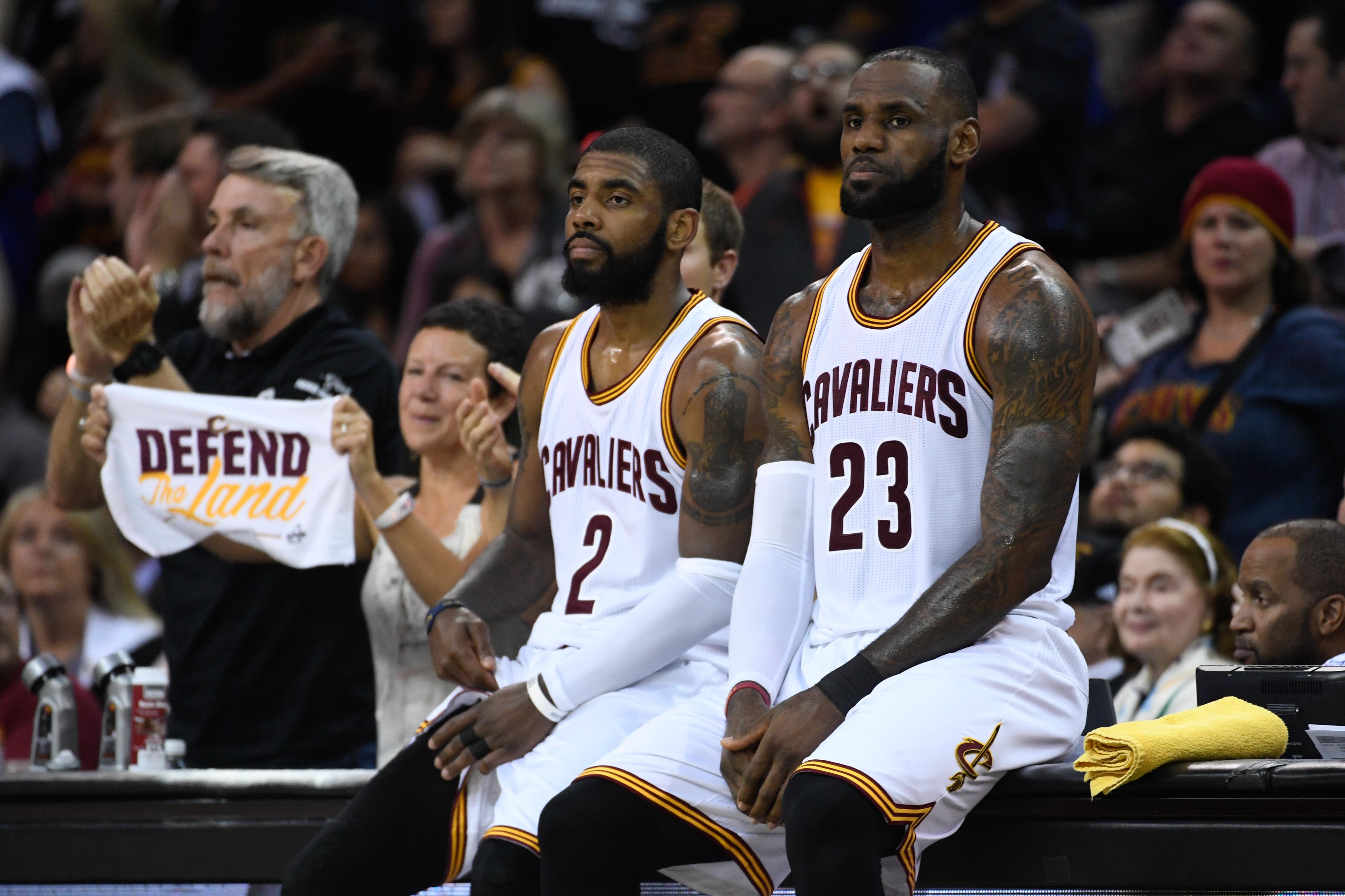 June 9, 2017; Cleveland, OH, USA; Cleveland Cavaliers guard Kyrie Irving (2) and forward LeBron James (23) during the second quarter in game four of the 2017 NBA Finals against the Golden State Warriors at Quicken Loans Arena. Mandatory Credit: Kyle Terad