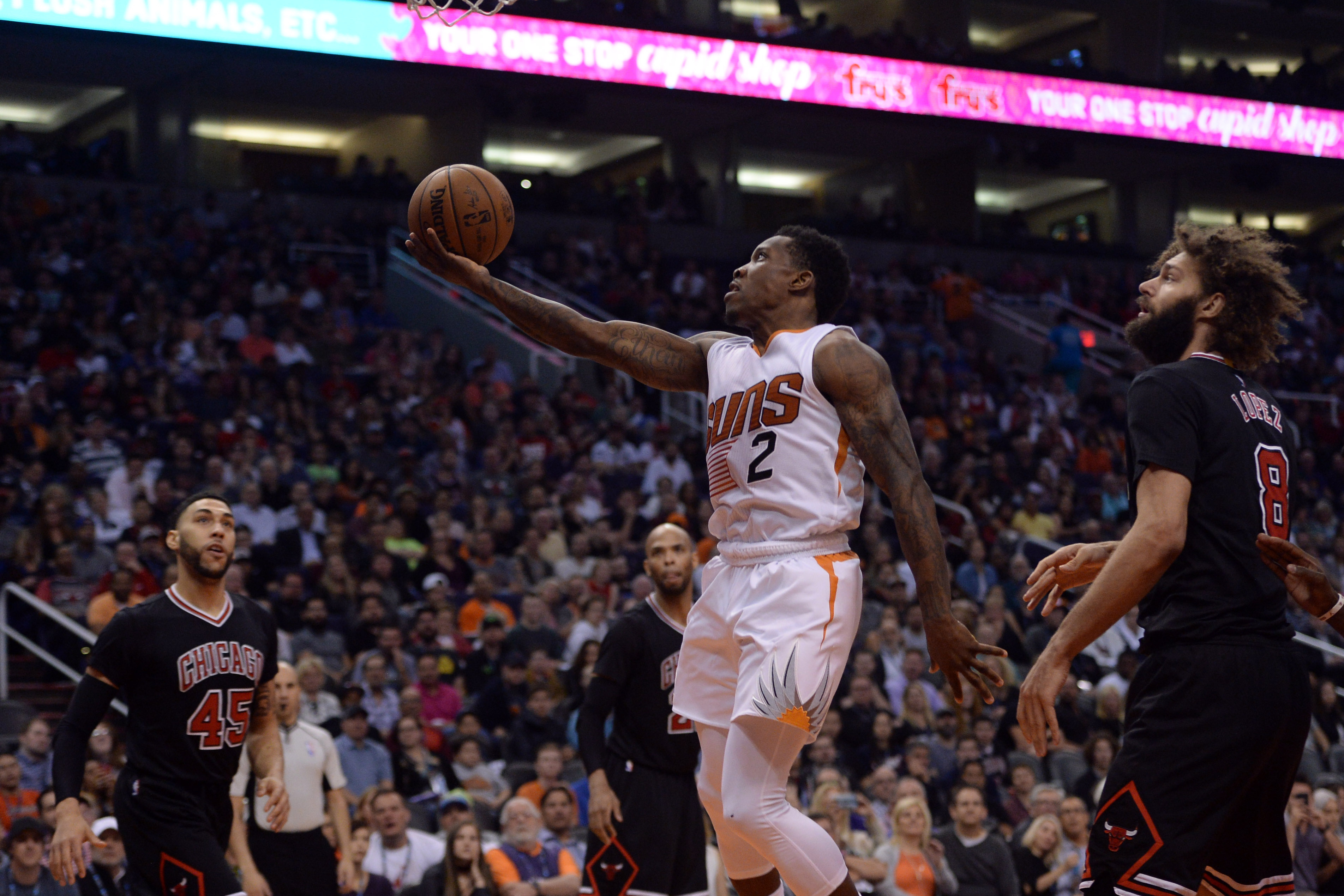 Feb 10, 2017; Phoenix, AZ, USA; Phoenix Suns guard Eric Bledsoe (2) moves to the basket against the Chicago Bulls during the first half at Talking Stick Resort Arena. Mandatory Credit: Joe Camporeale-USA TODAY Sports