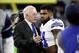 ARLINGTON, TX - JANUARY 15: Dallas Cowboys owner Jerry Jones talks with Ezekiel Elliott #21 of the Dallas Cowboys before the NFC Divisional Playoff Game against the Green Bay Packers at AT&T Stadium on January 15, 2017 in Arlington, Texas. (Photo by Joe
