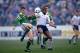 27 Mar 1990: Derek Brazil of the Republic of Ireland takes on Dalian Atkinson of England B during a match in the Republic of Ireland. \ Mandatory Credit: Ben Radford/Allsport