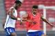 SINGAPORE - JULY 24: Michy Batshuayi and Jake Clarke-Salter of Chelsea FC competes during a Chelsea FC International Champions Cup training session at National Stadium on July 24, 2017 in Singapore. (Photo by Thananuwat Srirasant/Getty Images for ICC)