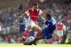 6 May 2000: Thierry Henry of Arsenal is challenged by Marcel Desailly of Chelsea during the FA Carling Premiership game at Highbury in London, England. Arsenal won 2 - 1. \ Mandatory Credit: Ben Radford /Allsport