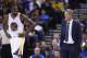 OAKLAND, CA - OCTOBER 04: Head coach Steve Kerr of the Golden State Warriors talks to Kevin Durant #35 during their preseason game against the Los Angeles Clippers at ORACLE Arena on October 4, 2016 in Oakland, California. NOTE TO USER: User expressly a