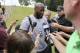 James Harrison at the start of camp. Reporter gaggles like these are rare—and brief.