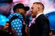 LOS ANGELES, CA - JULY 11: (L-R) Floyd Mayweather Jr. and Conor McGregor face off during the Floyd Mayweather Jr. v Conor McGregor World Press Tour event at the Staples Center on July 11, 2017 in Los Angeles, California. (Photo by Jeff Bottari/Zuffa LLC/