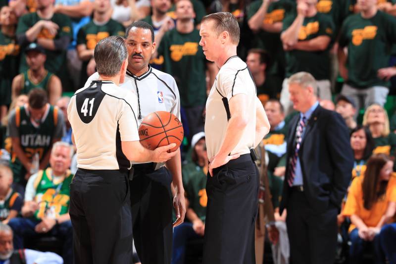 SALT LAKE CITY, UT - MAY 6: Referees, Ed Malloy, Bennie Adams and Ken Mauer huddle up in Game Three of the Western Conference Semifinals between the Golden State Warriors and the Utah Jazz during the 2017 NBA Playoffs on May 6, 2017 at vivint.SmartHome A