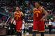 ATLANTA, GA - APRIL 04: Kyrie Irving #2 and Dion Waiters #3 of the Cleveland Cavaliers walk off the court between free throws in their 117-98 loss to the Atlanta Hawks at Philips Arena on April 4, 2014 in Atlanta, Georgia. NOTE TO USER: User expressly a
