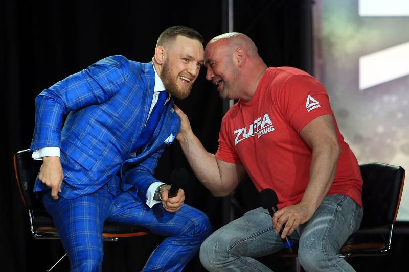 TORONTO, ON - JULY 12: Conor McGregor speaks with UFC President Dana White during the Floyd Mayweather Jr. v Conor McGregor World Press Tour at Budweiser Stage on July 12, 2017 in Toronto, Canada. (Photo by Vaughn Ridley/Getty Images)
