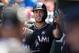 PHILADELPHIA, PA - AUGUST 24: Giancarlo Stanton #27 of the Miami Marlins celebrates in the dugout against the Philadelphia Phillies at Citizens Bank Park on August 24, 2017 in Philadelphia, Pennsylvania. (Photo by Mitchell Leff/Getty Images)
