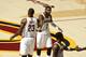 CLEVELAND, OH - JUNE 09: Kyrie Irving #2 of the Cleveland Cavaliers high fives LeBron James #23 of the Cleveland Cavaliers during the game against the Golden State Warriors in Game Four of the 2017 NBA Finals on June 9, 2017 at Quicken Loans Arena in Cle