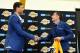 EL SEGUNDO, CA - JUNE 28: Rob Pelinka of the Los Angeles Lakers shakes hands with Brook Lopez after introducing him at a press conference on June 28, 2017 in El Segundo, California. NOTE TO USER: User expressly acknowledges and agrees that, by downloadin