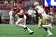 ATLANTA, GA - SEPTEMBER 02: Jalen Hurts #2 of the Alabama Crimson Tide looks to pass against the Florida State Seminoles during their game against the Florida State Seminoles at Mercedes-Benz Stadium on September 2, 2017 in Atlanta, Georgia. (Photo by S
