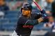 NEW YORK, NY - AUGUST 28: Jose Ramirez #11 of the Cleveland Indians in action against the New York Yankees at Yankee Stadium on August 28, 2017 in the Bronx borough of New York City. The Indians defeated the Yankees 6-2. (Photo by Jim McIsaac/Getty Imag