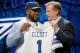 CHICAGO, IL - APRIL 28: (L-R) Ezekiel Elliott of Ohio State holds up a jersey with NFL Commissioner Roger Goodell after being picked #4 overall by the Dallas Cowboys during the first round of the 2016 NFL Draft at the Auditorium Theatre of Roosevelt Univ