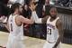 CLEVELAND, OH - JUNE 07: Kevin Love #0 and LeBron James #23 of the Cleveland Cavaliers high five in Game Three of the 2017 NBA Finals against the Golden State Warriors on June 7, 2017 at Quicken Loans Arena in Cleveland, Ohio. NOTE TO USER: User expressl