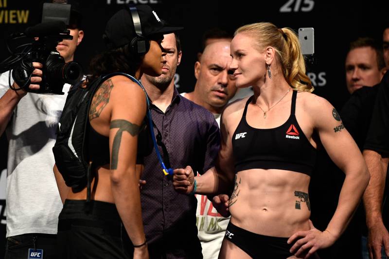 EDMONTON, AB - SEPTEMBER 08: (L-R) Opponents Amanda Nunes of Brazil and Valentina Shevchenko of Kyrgyzstan face-off during the UFC 215 weigh-in inside the Rogers Place on September 8, 2017 in Edmonton, Alberta, Canada. (Photo by Jeff Bottari/Zuffa LLC/Zu