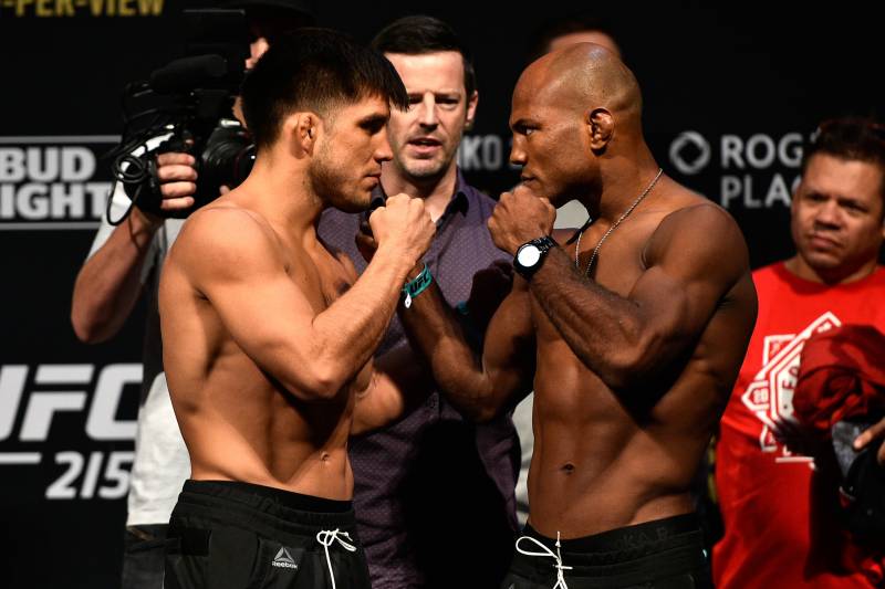 EDMONTON, AB - SEPTEMBER 08: (L-R) Opponents Henry Cejudo and Wilson Reis of Brazil face-off during the UFC 215 weigh-in inside the Rogers Place on September 8, 2017 in Edmonton, Alberta, Canada. (Photo by Jeff Bottari/Zuffa LLC/Zuffa LLC via Getty Image