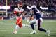 Sep 7, 2017; Foxborough, MA, USA; Kansas City Chiefs running back Kareem Hunt (27) runs the ball for a touchdown against New England Patriots free safety Duron Harmon (30) during the fourth quarter at Gillette Stadium. Mandatory Credit: Greg M. Cooper-US