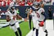 HOUSTON, TX - SEPTEMBER 10: DeAndre Hopkins #10 of the Houston Texans and Deshaun Watson #4 celebrate after a score in the third quarter at NRG Stadium on September 10, 2017 in Houston, Texas. (Photo by Bob Levey/Getty Images)