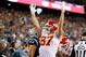 Sep 7, 2017; Foxborough, MA, USA; Kansas City Chiefs tight end Travis Kelce (87) celebrates a fourth quarter touchdown by running back Kareem Hunt (27) (not pictured) at Gillette Stadium. Mandatory Credit: Greg M. Cooper-USA TODAY Sports