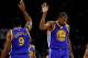 AUBURN HILLS, MI - DECEMBER 23: Kevin Durant #35 of the Golden State Warriors celebrates a second half basket with Andre Iguodala #9 while playing the Detroit Pistons at the Palace of Auburn Hills on December 23, 2016 in Auburn Hills, Michigan. NOTE TO US